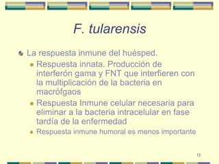 13F. tularensisLa respuesta inmune del huésped.Respuesta innata. Producción de interferón gama y FNT que interfieren con la multiplicación de la bacteria en macrófgaosRespuesta Inmune celular necesaria para eliminar a la bacteria intracelular en fase tardía de la enfermedadRespuesta inmune humoral es menos importante