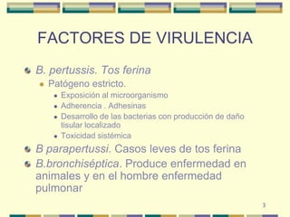 3FACTORES DE VIRULENCIAB. pertussis. Tos ferinaPatógeno estricto. Exposición al microorganismoAdherencia . AdhesinasDesarrollo de las bacterias con producción de daño tisular localizadoToxicidad sistémicaB parapertussi. Casos leves de tos ferinaB.bronchiséptica. Produce enfermedad en animales y en el hombre enfermedad pulmonar
