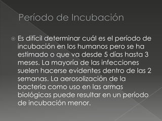    Es difícil determinar cuál es el período de
    incubación en los humanos pero se ha
    estimado o que va desde 5 días hasta 3
    meses. La mayoría de las infecciones
    suelen hacerse evidentes dentro de las 2
    semanas. La aerosolización de la
    bacteria como uso en las armas
    biológicas puede resultar en un período
    de incubación menor.
 
