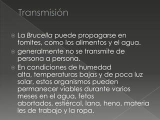  La Brucella puede propagarse en
  fomites, como los alimentos y el agua.
 generalmente no se transmite de
  persona a persona.
 En condiciones de humedad
  alta, temperaturas bajas y de poca luz
  solar, estos organismos pueden
  permanecer viables durante varios
  meses en el agua, fetos
  abortados, estiércol, lana, heno, materia
  les de trabajo y la ropa.
 