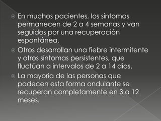  En muchos pacientes, los síntomas
  permanecen de 2 a 4 semanas y van
  seguidos por una recuperación
  espontánea.
 Otros desarrollan una fiebre intermitente
  y otros síntomas persistentes, que
  fluctúan a intervalos de 2 a 14 días.
 La mayoría de las personas que
  padecen esta forma ondulante se
  recuperan completamente en 3 a 12
  meses.
 