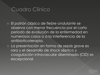    El patrón clásico de fiebre ondulante se
    observa con menor frecuencia por el corto
    período de evolución de la enfermedad en
    numerosos casos o a la interferencia de la
    antibioticoterapia.
   La presentación en forma de sepsis grave es
    rara y el desarrollo de shock séptico y
    coagulación intravascular diseminada (CID) es
    excepcional.

                                              Medicina Interna
                                              Farreras Rozman
                                              16ª Edición
 