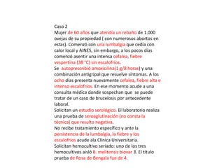 Caso 2
Mujer de 60 años que atendía un rebaño de 1.000
ovejas de su propiedad ( con numerosos abortos en
estas). Comenzó con una lumbalgia que cedía con
calor local y AINES, sin embargo, a los pocos días
comenzó asentir una intensa cefalea, fiebre
vespertina (38 °C) sin escalofríos.
Se autoprescribió amoxicilina(1 g/8 horas) y una
combinación antigripal que resuelve síntomas. A los
ocho días presenta nuevamente cefalea, fiebre alta e
intenso escalofríos. En ese momento acude a una
consulta médica donde sospechan que se puede
tratar de un caso de brucelosis por antecedente
laboral.
Solicitan un estudio serológico. El laboratorio realiza
una prueba de seroaglutinación (no consta la
técnica) que resulto negativa.
No recibe tratamiento específico y ante la
persistencia de la lumbalgia, la fiebre y los
escalofríos acude ala Clínica Universitaria.
Solicitan hemocultivo seriado: uno de los tres
hemocultivos aisló B. melitensis biovar 3. El título
prueba de Rosa de Bengala fue de 4.
 