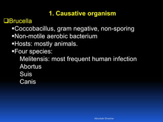 1. Causative organism
Brucella
Coccobacillus, gram negative, non-sporing
Non-motile aerobic bacterium
Hosts: mostly animals.
Four species:
Melitensis: most frequent human infection
Abortus
Suis
Canis
Aboubakr Elnashar
 