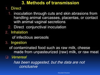 3. Methods of transmission
1. Direct
1. inoculation through cuts and skin abrasions from
handling animal carcasses, placentas, or contact
with animal vaginal secretions
2. Direct conjunctival inoculation
2. Inhalation
of infectious aerosols
3. Ingestion
of contaminated food such as raw milk, cheese
made from unpasteurized (raw) milk, or raw meat
 Venereal
has been suggested, but the data are not
conclusive
Aboubakr Elnashar
 