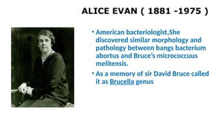 ALICE EVAN ( 1881 -1975 )
• American bacteriologist,She
discovered similar morphology and
pathology between bangs bacterium
abortus and Bruce’s micrococcuus
melitensis.
• As a memory of sir David Bruce called
it as Brucella genus
 