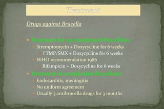Drugs against Brucella
 Treatment for uncomplicated Brucellosis
 Stremptomycin + Doxycycline for 6 weeks
 ? TMP/SMX + Doxycycline for 6 weeks
 WHO recommendation 1986
 Rifampicin + Doxycycline for 6 weeks
 Treatment of complicated Brucellosis
 Endocarditis, meningitis
 No uniform agreement
 Usually 3 antibrucella drugs for 3 months
 