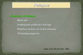 Relapse
Predictors of Relapse
Male sex
Inadequate antibiotic therapy.
Positive culture on initial disease
Thrombocytopenia
Ariza, et al: CID 20:1241, 1995
 