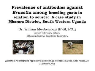 Prevalence of antibodies against
Brucella among breeding goats in
relation to source: A case study in
Mbarara District, South Western Uganda
Dr. William Mwebembezi (BVM, MSc.)
Senior Veterinary Officer,
Mbarara Regional Veterinary Laboratory
Workshop: An Integrated Approach to Controlling Brucellosis in Africa, Addis Ababa, 29-
31 January 2013
 