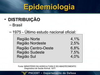 PNCEBT - Departamento de Defesa
• DISTRIBUIÇÃO
– Brasil
– 1975 -- Último estudo nacional oficial:
Região Norte 4,1%
Região Nordeste 2,5%
Região Centro-Oeste 6,8%
Região Sudeste 7,5%
Região Sul 4,0%
Fonte: MINISTÉRIO DA AGRICULTURA E DO ABASTECIMENTO.
Diagnóstico de Saúde Animal, 1977.
EpidemiologiaEpidemiologia
 