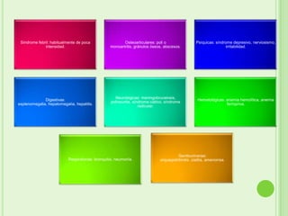 Síndrome febril: habitualmente de poca                  Osteoarticulares: poli o                  Psíquicas: síndrome depresivo, nerviosismo,
              intensidad.                         monoartritis, gránulos óseos, abscesos.                           irritabilidad.




                                                    Neurológicas: meningobrucelosis,
              Digestivas:                                                                           Hematológicas: anemia hemolítica, anemia
                                                  polineuritis, síndrome ciático, síndrome
esplenomegalia, hepatomegalía, hepatitis.                                                                          ferropriva.
                                                                   radicular.




                                                                                        Genitourinarias:
                           Respiratorias: bronquitis, neumonía.               orquiepididimitis, cistitis, amenorrea.
 