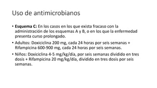 Uso de antimicrobianos
• Esquema C: En los casos en los que exista fracaso con la
administración de los esquemas A y B, o en los que la enfermedad
presenta curso prolongado.
• Adultos: Doxiciclina 200 mg, cada 24 horas por seis semanas +
Rifampicina 600-900 mg, cada 24 horas por seis semanas.
• Niños: Doxiciclina 4-5 mg/kg/día, por seis semanas dividido en tres
dosis + Rifampicina 20 mg/kg/día, dividido en tres dosis por seis
semanas.
 