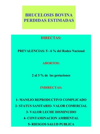 BRUCELOSIS BOVINA PERDIDAS ESTIMADAS DIRECTAS: PREVALENCIAS: 5 - 6 % del Rodeo Nacional ABORTOS: 2 al 3 % de  las gestaciones INDIRECTAS: 1- MANEJO REPRODUCTIVO COMPLICADO 2- STATUS SANITARIO. VALOR COMERCIAL 3- VALOR LECHE DISMINUIDO 4- CONTAMINACION AMBIENTAL 5- RIESGOS SALUD PUBLICA 