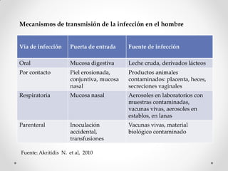Mecanismos de transmisión de la infección en el hombre


Vía de infección     Puerta de entrada    Fuente de infección

Oral                 Mucosa digestiva     Leche cruda, derivados lácteos
Por contacto         Piel erosionada,     Productos animales
                     conjuntiva, mucosa   contaminados: placenta, heces,
                     nasal                secreciones vaginales
Respiratoria         Mucosa nasal         Aerosoles en laboratorios con
                                          muestras contaminadas,
                                          vacunas vivas, aerosoles en
                                          establos, en lanas
Parenteral           Inoculación          Vacunas vivas, material
                     accidental,          biológico contaminado
                     transfusiones

Fuente: Akritidis N. et al, 2010
 