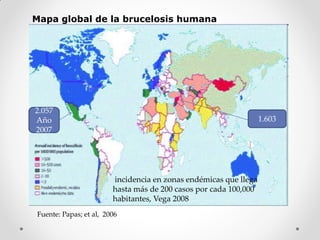 Mapa global de la brucelosis humana




2.057
Año                                                               1.603
2007




                        incidencia en zonas endémicas que llega
                        hasta más de 200 casos por cada 100,000
                        habitantes, Vega 2008
Fuente: Papas; et al, 2006
 