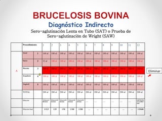 Diagnóstico Indirecto
                 Sero-aglutinación Lenta en Tubo (SAT) o Prueba de
                        Sero-aglutinación de Wright (SAW)
    Procedimiento        1             2             3             4             5             6        7        8        9        10       11       12

    TSAT             1   168 ul        100 ul        100 ul        100 ul        100 ul        100 ul   100 ul   100 ul   100 ul   100 ul   100 ul   100 ul


    Suero            2   32 ul         100 ul        100 ul        100 ul        100 ul        100 ul   100 ul   100 ul   100 ul   100 ul   100 ul   100 ul


    Mezclar          3   200 ul        200 ul        200 ul        200 ul        200 ul        200 ul   200 ul   200 ul   200 ul   200 ul   200 ul   200 ul
A                                                                                                                                                                  Eliminar
    Transferir       4   100 ul        100 ul        100 ul        100 ul        100 ul        100 ul   100 ul   100 ul   100 ul   100 ul   100 ul   100 ul


    TAgSAT           5   100 ul        100 ul        100 ul        100 ul        100 ul        100 ul   100 ul   100 ul   100 ul   100 ul   100 ul   100 ul


    TOTAL                200 ul        200 ul        200 ul        200 ul        200 ul        200 ul   200 ul   200 ul   200 ul   200 ul   200 ul   200 ul


    Dilución             16(Suero)/2
                         00(Total)
                                       8(Suero)/20
                                       0(Total)
                                                     4(Suero)/20
                                                     0(Total)
                                                                   2(Suero)/20
                                                                   0(Total)
                                                                                 1(Suero)/20
                                                                                 0(Total)      …        …        …        …        …        …        0,0078125(S
                                                                                                                                                     uero)/200(T
                                                                                                                                                     otal)



    Dilución final         1/12,5          1/25          1/50          1/100         1/200         …        …        …        …         …        …    1/25600
 
