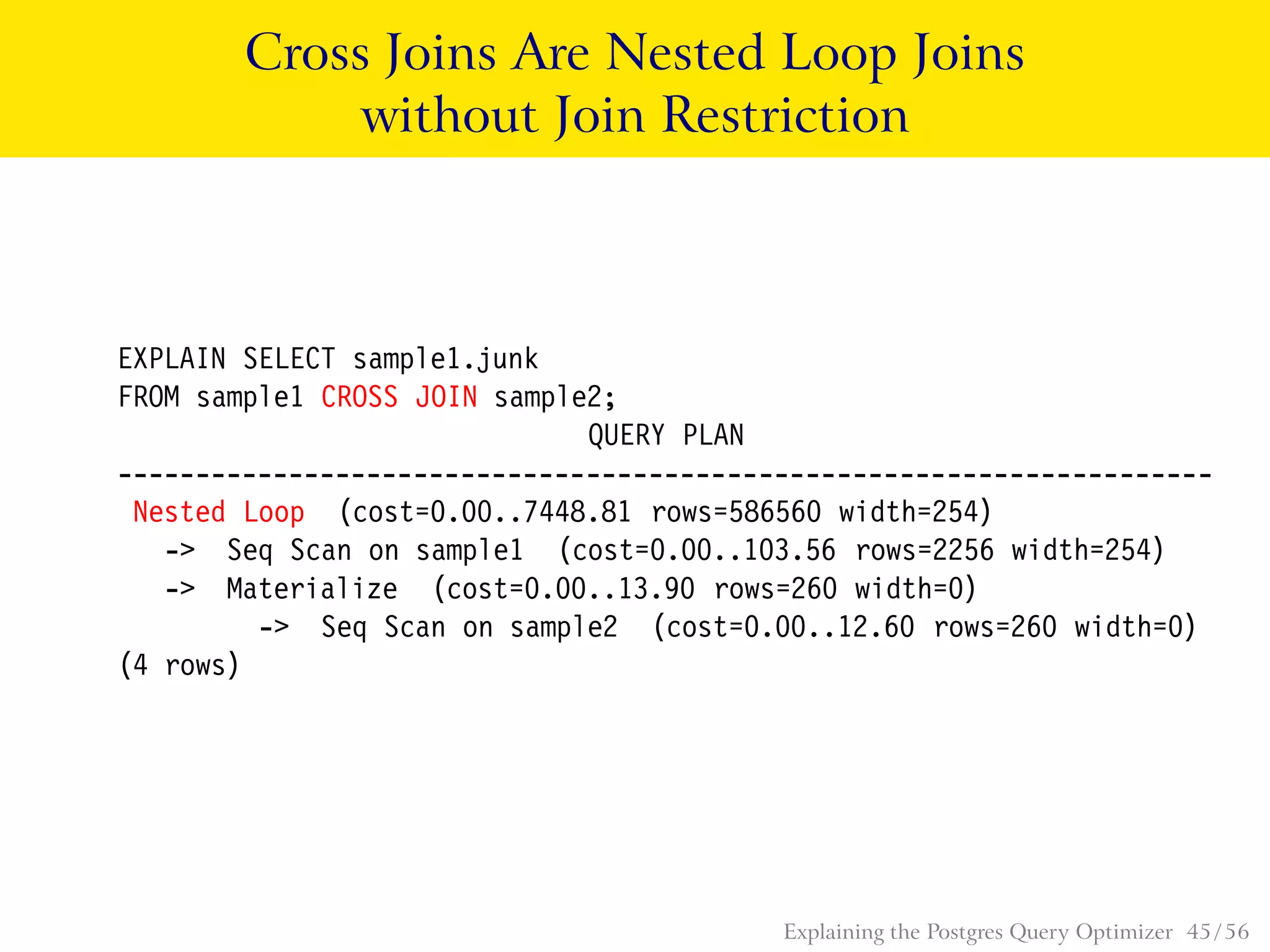 Cross Joins Are Nested Loop Joins
without Join Restriction
EXPLAIN SELECT sample1.junk
FROM sample1 CROSS JOIN sample2;
QUERY PLAN
----------------------------------------------------------------------
Nested Loop (cost=0.00..7448.81 rows=586560 width=254)
-> Seq Scan on sample1 (cost=0.00..103.56 rows=2256 width=254)
-> Materialize (cost=0.00..13.90 rows=260 width=0)
-> Seq Scan on sample2 (cost=0.00..12.60 rows=260 width=0)
(4 rows)
Explaining the Postgres Query Optimizer 45 / 56
 