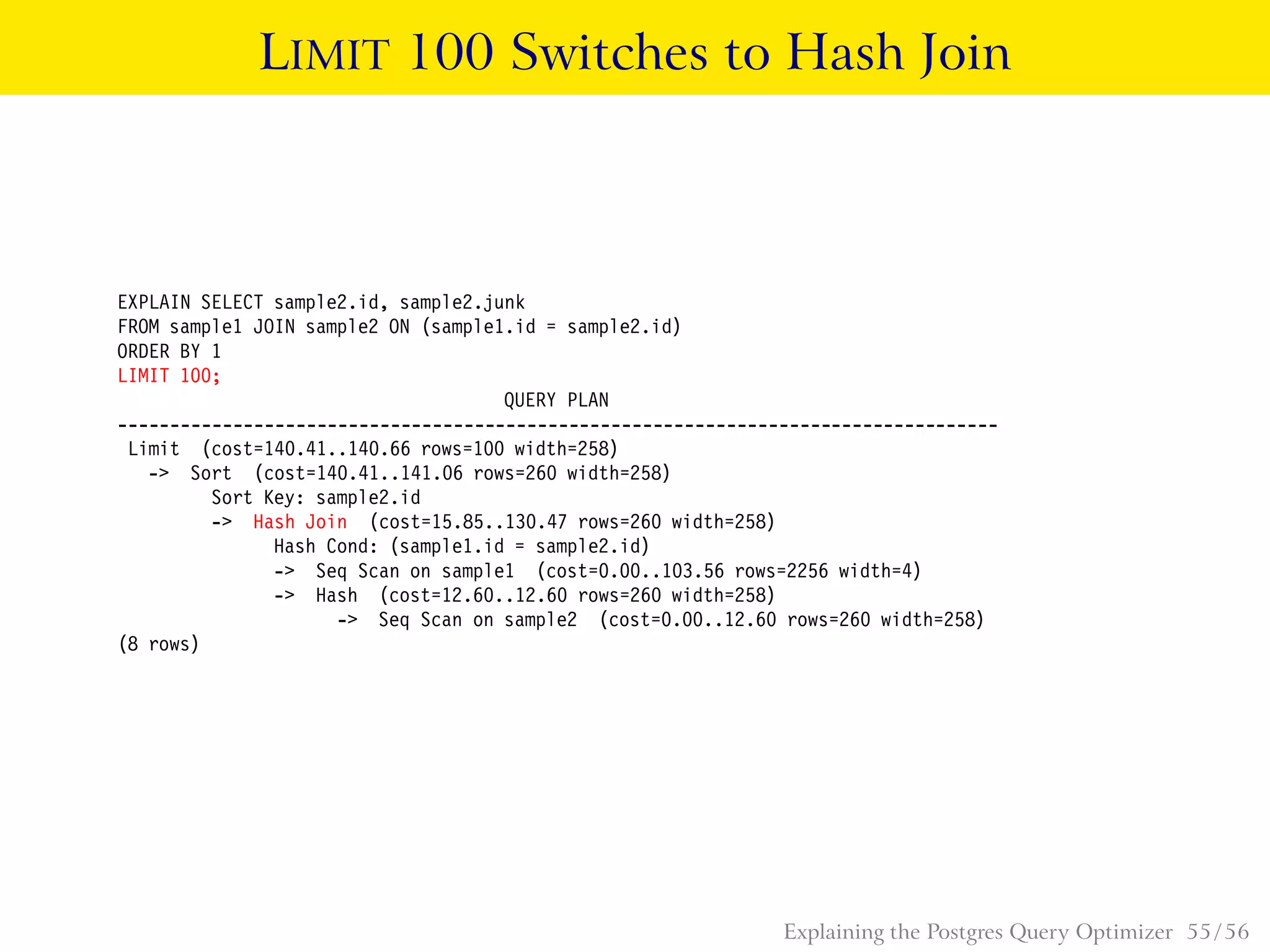 LIMIT 100 Switches to Hash Join
EXPLAIN SELECT sample2.id, sample2.junk
FROM sample1 JOIN sample2 ON (sample1.id = sample2.id)
ORDER BY 1
LIMIT 100;
QUERY PLAN
------------------------------------------------------------------------------------
Limit (cost=140.41..140.66 rows=100 width=258)
-> Sort (cost=140.41..141.06 rows=260 width=258)
Sort Key: sample2.id
-> Hash Join (cost=15.85..130.47 rows=260 width=258)
Hash Cond: (sample1.id = sample2.id)
-> Seq Scan on sample1 (cost=0.00..103.56 rows=2256 width=4)
-> Hash (cost=12.60..12.60 rows=260 width=258)
-> Seq Scan on sample2 (cost=0.00..12.60 rows=260 width=258)
(8 rows)
Explaining the Postgres Query Optimizer 55 / 56
 