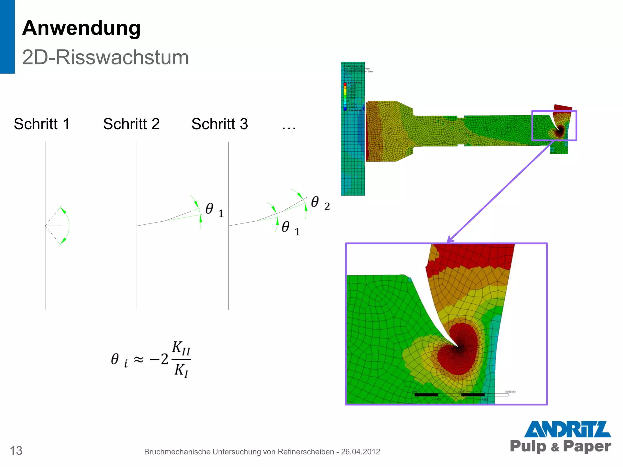 Anwendung
13 Bruchmechanische Untersuchung von Refinerscheiben - 26.04.2012
2D-Risswachstum
Schritt 1 Schritt 2 Schritt 3 …
 