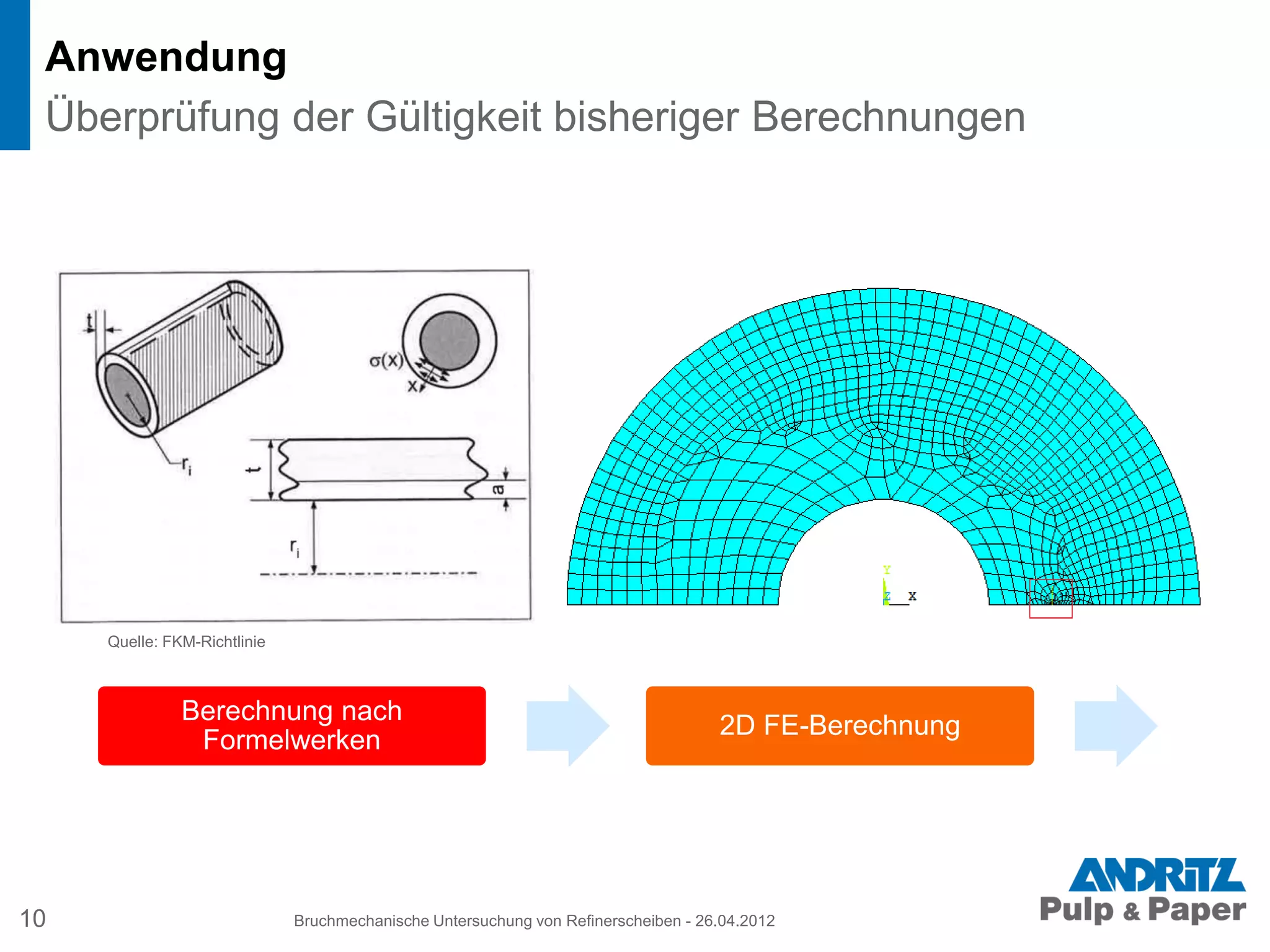 Anwendung
10 Bruchmechanische Untersuchung von Refinerscheiben - 26.04.2012
Überprüfung der Gültigkeit bisheriger Berechnungen
Berechnung nach
Formelwerken
2D FE-Berechnung
Quelle: FKM-Richtlinie
 