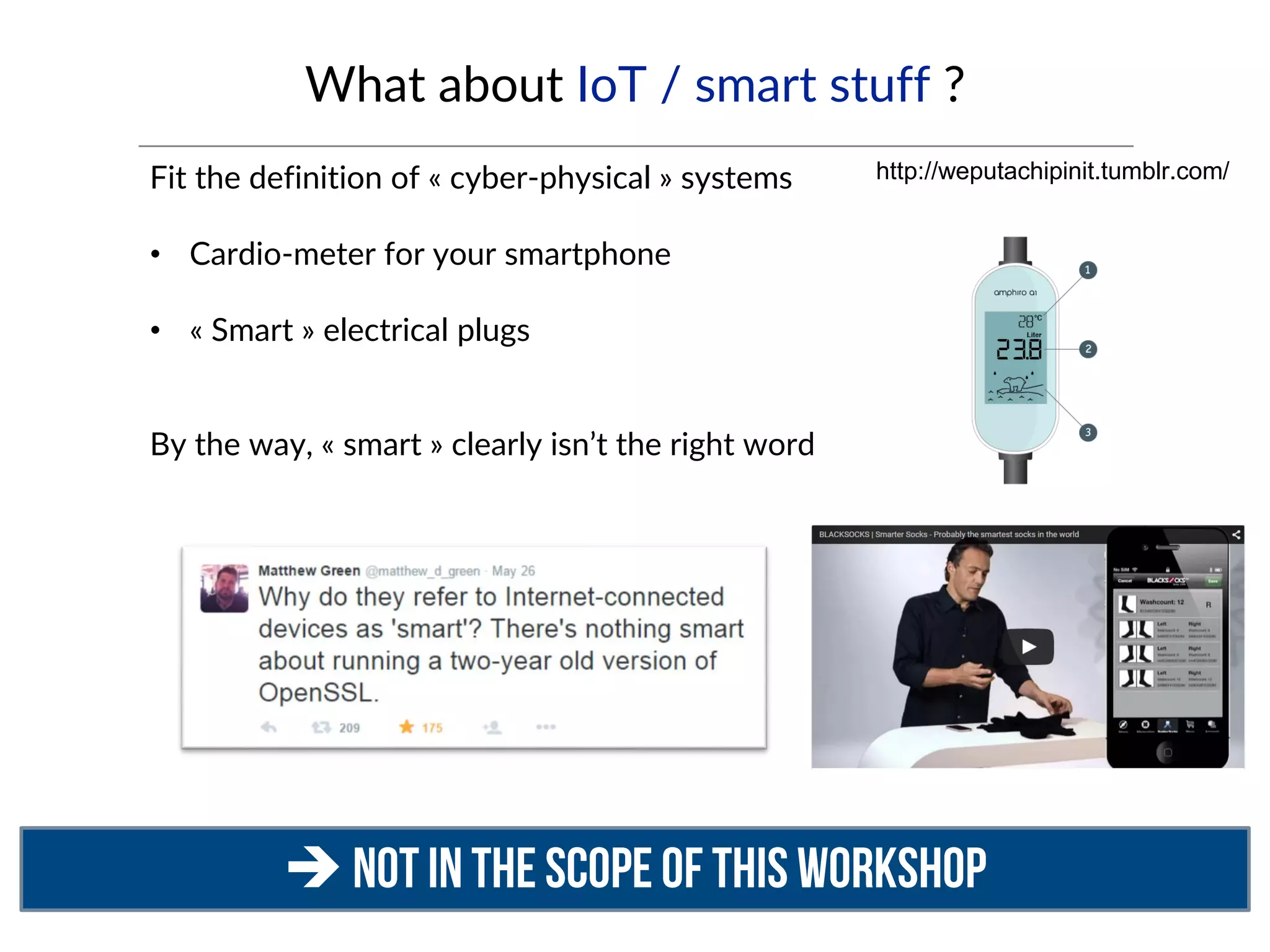 What about IoT / smart stuff ?

Fit the definition of « cyber-physical » systems
• Cardio-meter for your smartphone
• « Smart » electrical plugs
By the way, « smart » clearly isn’t the right word
http://weputachipinit.tumblr.com/
 