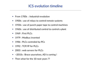 ICS evolution timeline
 From 1700s : Industrial revolution
 1900s : use of relays to control remote systems
 1950s : use of punch paper tape to control machines
 1960s : use of distributed control to control a plant
 1969 : First PLCs
 1979 : Modbus invented
 1986 : PLCs controled by PCs
 1992 : TCP/IP for PLCs
 2003 : web servers for PLCs
 ~2010s : Brace yourselves, AD is coming !
 Then what for the 10 next years ??
 