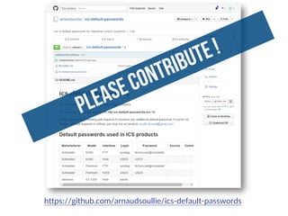https://github.com/arnaudsoullie/ics-default-passwords
 