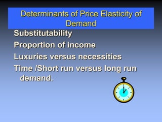 Determinants of Price Elasticity of
Demand
Substitutability
Proportion of income
Luxuries versus necessities
Time /Short run versus long run
demand.
 