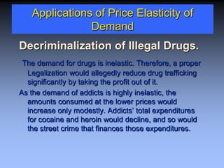 Applications of Price Elasticity of
Demand
Decriminalization of Illegal Drugs.
The demand for drugs is inelastic. Therefore, a proper
Legalization would allegedly reduce drug trafficking
significantly by taking the profit out of it.
As the demand of addicts is highly inelastic, the
amounts consumed at the lower prices would
increase only modestly. Addicts’ total expenditures
for cocaine and heroin would decline, and so would
the street crime that finances those expenditures.
 