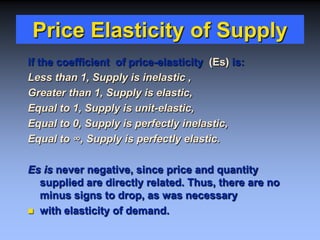 Price Elasticity of Supply
if the coefficient of price-elasticity (Es) is:
Less than 1, Supply is inelastic ,
Greater than 1, Supply is elastic,
Equal to 1, Supply is unit-elastic,
Equal to 0, Supply is perfectly inelastic,
Equal to ∞, Supply is perfectly elastic.
Es is never negative, since price and quantity
supplied are directly related. Thus, there are no
minus signs to drop, as was necessary
 with elasticity of demand.
 