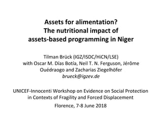 Assets for alimentation?
The nutritional impact of
assets-based programming in Niger
Tilman Brück (IGZ/ISDC/HiCN/LSE)
with Oscar M. Días Botía, Neil T. N. Ferguson, Jérôme
Ouédraogo and Zacharias Ziegelhöfer
brueck@igzev.de
UNICEF-Innocenti Workshop on Evidence on Social Protection
in Contexts of Fragility and Forced Displacement
Florence, 7-8 June 2018
 
