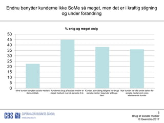 5
Brug af sociale medier
© Geersbro 2017
Endnu benytter kunderne ikke SoMe så meget, men det er i kraftig stigning
og under forandring
0
5
10
15
20
25
30
35
40
45
50
Mine kunder benytter sociale medier i
deres indkøb.
Kundernes brug af sociale medier er
steget markant over de seneste 2 år.
Kunder, som aldrig tidligere har brugt
sociale medier, begynder at bruge
dem
Nye kunder har ofte andre behov for
sociale medier end vores
eksisterende kunder
% enig og meget enig
 