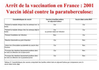 Arrêt de la vaccination en France : 2001
Vaccin idéal contre la paratuberculose:
 