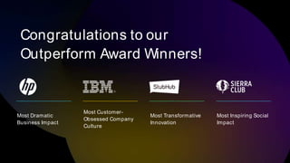 Congratulations to our
Outperform Award Winners!
Most Dramatic
Business Impact
Most Customer-
Obsessed Company
Culture
Most Transformative
Innovation
Most Inspiring Social
Impact
 