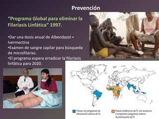 Prevención
“Programa Global para eliminar la
Filariasis Linfática” 1997.
•Dar una dosis anual de Albendazol +
Ivermectina
•Exámen de sangre capilar para búsqueda
de microfilarias.
•El programa espera erradicar la filariasis
linfática para 2020.

 