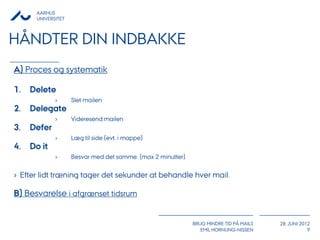 AARHUS
      UNIVERSITET



HÅNDTER DIN INDBAKKE
A) Proces og systematik

1.   Delete
             ›      Slet mailen
2.   Delegate
             ›      Videresend mailen
3.   Defer
             ›      Læg til side (evt. i mappe)
4.   Do it
             ›      Besvar med det samme (max 2 minutter)

› Efter lidt træning tager det sekunder at behandle hver mail.

B) Besvarelse i afgrænset tidsrum


                                                            BRUG MINDRE TID PÅ MAILS   28. JUNI 2012
                                                               EMIL HORNUNG-NISSEN                 9
 