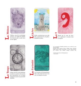 Méduse, issue de la mythologie
grecque, est capable de pétrifier
ses ennemis par la seule force
de son regard.
Illustré par la carte de Uno5
,
le 9 représente le monstre dans
la surprise.
L’Arbre caractérisé par une robe
arbre représentant les dryades4
,
symbolise la nature.
Sur une proposition d’Adélaïde Gaudéchoux, avec les élèves du cours
Dessin & multiples :
BOUCHER Emma, BOUCHEZ Roxane, CAMAND Justine, DESFOSSÉ
Angèle, DUCEPT Charline, JULES Ariane, LE GLEUT Loïse, LEGOUPIL
Lise, PEYRAUD Lucie, SERGENT Mathilde, SOULARD Elisa.
La Curiosité est d’interprétation
libre, elle prend tout son sens
avec un tirage de six cartes.
Chaque carte de ce tarot représente
le trait de caractère d’un proche
de la dessinatrice. Ici, le temps
représente la tante à la ponctualité
infaillible.
L
a
Méduse
L
’Arbre
L
e
9
L
e
Temps
L
a
Curiosité
4
Esprit des arbres dans la mythologie grecque
5
Jeu de société
29
 