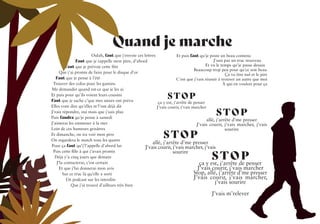 70
70
Quand je marche
Oulah, faut que j'envoie ces lettres
Faut que je rappelle mon père, d'abord
Faut que je prévoie cette fête
Que j'ai promis de faire pour le disque d'or
Faut que je pense à l'été
Trouver des colos pour les gamins
Me demander quand est-ce que je les ai
Et puis pour qu'ils voient leurs cousins
Faut que je sache c'que mes sœurs ont prévu
Elles vont dire qu'elles m'l'ont déjà dit
J'vais répondre, oui mais que j'sais plus
Puis faudra qu'je pense à samedi
J'aimerai les emmener à la mer
Loin de ces humeurs grisâtres
Et dimanche, on ira voir mon père
On regardera le match tous les quatre
Pour ça faut qu’j’l’appelle d’abord lui
Puis cette fille à qui j’avais promis
Déjà y’a cinq jours que demain
J’la contacterai, c’est certain
Et que j’lui donnerai mon avis
Sur ce truc là qu’elle a sorti
Un podcast sur les interdits
Que j’ai trouvé d’ailleurs très bien
Et puis faut qu'je poste un beau contenu
J'sais pas un truc nouveau
Et vu le temps qu'je passe dessus
Beaucoup trop peu pour qu'ce soit beau
Ça va être nul et le pire
C'est que j'vais réussir à trouver un autre que moi
À qui en vouloir pour ça
ça y est, j'arrête de penser
J'vais courir, j'vais marcher
allé, j'arrête d'me presser
J'vais courir, j'vais marcher, j'vais
sourire
allé, j'arrête d'me presser
J'vais courir, j'vais marcher, j'vais
sourire
ça y est, j'arrête de penser
J'vais courir, j'vais marcher
Stop, allé, j'arrête d'me presser
J'vais courir, j'vais marcher,
j'vais sourire
J’vais m’relever
STOP
STOP
STOP
STOP
 