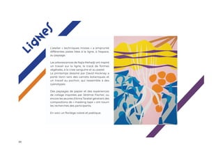 80
L
i
g
n
e
s
L’atelier « techniques mixtes » a emprunté
différentes pistes liées à la ligne, à l’espace,
au paysage.
Les arborescences de Najia Mehadji ont inspiré
un travail sur la ligne, le tracé de formes
végétales, à la craie sanguine et au pastel.
Le printemps dessiné par David Hockney a
porté Yann vers des carnets botaniques et
un travail au pochoir, qui ressemble à des
cyanotypes.
Des paysages de papier et des expériences
de collage inspirées par Jérémie Fischer, ou
encore les œuvres d’Anna Taratiel générant des
compositions de « masking tape » ont nourri
les recherches des participants.
En voici un florilège coloré et poétique.
 
