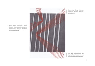 85
Avec Yann Rapinat, Jean-
Claude Courdavault, Catherine
Champigny, Maryse Brochard,
Séverine Babeau,
Catherine Geay, Marion
Daviaud, Noëlla Pinçon,
Sylvie Bardin.
Sur des propositions de
Sophie Pouchain, à travers
le cours techniques mixtes.
 