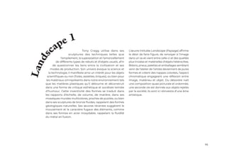 95
Tony Cragg utilise dans ses
sculptures des techniques telles que
l’empilement, la superposition et l’amoncellement
de différents types de rebuts et d’objets usuels, afin
de questionner les liens entre la civilisation et ses
modes de production. Son univers évoque la science et
la technologie, il manifeste ainsi un intérêt pour les objets
scientifiques ou non (fioles, assiettes, briques), ou bien pour
les matériaux omniprésents dans notre environnement tels
que les matières plastiques qu’il détourne et déconstruit
dans une forme de critique esthétique et sociétale teintée
d’humour. Cette inventivité des formes se traduit dans
les rapports d’échelle, de volume, de matière, dans ses
mosaïques murales multicolores, proches de puzzles, ou bien
dans ses sculptures de bronze fluides, rappelant des formes
géologiques naturelles. Ses œuvres récentes suggèrent le
mouvement et le caractère fugace des éléments, comme
dans ses formes en acier inoxydable, rappelant la fluidité
du métal en fusion.
L
a
n
d
scape 1
L’œuvre intitulée Landscape (Paysage) affirme
le désir de faire figure, de renvoyer à l’image
dans un va-et-vient entre celle-ci et des qualités
plus triviales et matérielles d’objets hétéroclites.
Bidons, pneus, palettes et emballages semblant
venir de l’atelier de l’artiste deviennent de pures
formes et créent des nappes colorées, l’aspect
chromatique engageant une réflexion entre
image, matériau et objet. Du désordre naît
une composition quasi picturale et ordonnée,
une seconde vie est donnée aux objets rejetés
par la société, ils sont ici réinvestis d’une âme
artistique.
 