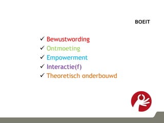 BOEIT
 Bewustwording
 Ontmoeting
 Empowerment
 Interactie(f)
 Theoretisch onderbouwd
 
