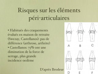 Risques sur les éléments péri-articulaires Habitués des craquements évalués en maison de retraite (Swezay, Castellanos): pas de différence (arthrose, arthrite) Castellanos: 75% ont une diminution de la force de serrage, plus grande incidence oedème D’après Brodeur 