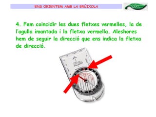 ENS ORIENTEM AMB LA BRÚIXOLA 4. Fem coincidir les dues fletxes vermelles, la de l’agulla imantada i la fletxa vermella. Aleshores hem de seguir la direcció que ens indica la fletxa de direcció. 