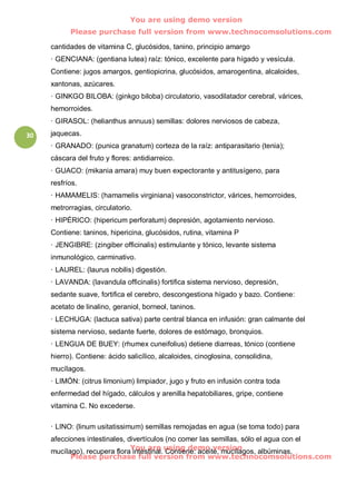 You are using demo version
           Please purchase full version from www.technocomsolutions.com

     cantidades de vitamina C, glucósidos, tanino, principio amargo
     · GENCIANA: (gentiana lutea) raíz: tónico, excelente para hígado y vesícula.
     Contiene: jugos amargos, gentiopicrina, glucósidos, amarogentina, alcaloides,
     xantonas, azúcares.
     · GINKGO BILOBA: (ginkgo biloba) circulatorio, vasodilatador cerebral, várices,
     hemorroides.
     · GIRASOL: (helianthus annuus) semillas: dolores nerviosos de cabeza,
30   jaquecas.
     · GRANADO: (punica granatum) corteza de la raíz: antiparasitario (tenia);
     cáscara del fruto y flores: antidiarreico.
     · GUACO: (mikania amara) muy buen expectorante y antitusígeno, para
     resfríos.
     · HAMAMELIS: (hamamelis virginiana) vasoconstrictor, várices, hemorroides,
     metrorragias, circulatorio.
     · HIPÉRICO: (hipericum perforatum) depresión, agotamiento nervioso.
     Contiene: taninos, hipericina, glucósidos, rutina, vitamina P
     · JENGIBRE: (zingiber officinalis) estimulante y tónico, levante sistema
     inmunológico, carminativo.
     · LAUREL: (laurus nobilis) digestión.
     · LAVANDA: (lavandula officinalis) fortifica sistema nervioso, depresión,
     sedante suave, fortifica el cerebro, descongestiona hígado y bazo. Contiene:
     acetato de linalino, geraniol, borneol, taninos.
     · LECHUGA: (lactuca sativa) parte central blanca en infusión: gran calmante del
     sistema nervioso, sedante fuerte, dolores de estómago, bronquios.
     · LENGUA DE BUEY: (rhumex cuneifolius) detiene diarreas, tónico (contiene
     hierro). Contiene: ácido salicílico, alcaloides, cinoglosina, consolidina,
     mucílagos.
     · LIMÓN: (citrus limonium) limpiador, jugo y fruto en infusión contra toda
     enfermedad del hígado, cálculos y arenilla hepatobiliares, gripe, contiene
     vitamina C. No excederse.

     · LINO: (linum usitatissimum) semillas remojadas en agua (se toma todo) para
     afecciones intestinales, divertículos (no comer las semillas, sólo el agua con el
                               You are using demo version
     mucílago), recupera flora intestinal. Contiene: aceite, mucílagos, albúminas,
           Please purchase full version from www.technocomsolutions.com
 