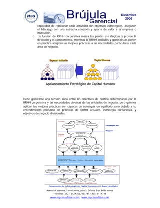 Diciembre
                                                                                       2006

          capacidad de relacionar cada actividad con objetivos estratégicos, aseguran
          el liderazgo con una estrecha conexión y aporte de valor a la empresa o
          institución.
       c. La función de RRHH corporativa marca las pautas estratégicas y provee la
          dirección y el conocimiento, mientras la RRHH analistas y generalistas ponen
          en práctica adaptan las mejores prácticas a las necesidades particulares cada
          área de negocio.




Debe generarse una tensión sana entre las directivas de política determinadas por la
RRHH corporativa y las necesidades diversas de las unidades de negocio, pero quienes
aplican las mejores prácticas son capaces de conseguir un equilibrio sano debido a su
entendimiento profundo de prácticas de RRHH actuales, estrategia corporativa, y
objetivos de negocio divisionales.




                              © 2005-2006, NRG Consultores C.A.
                 Avenida Casanova, Torre Limina, piso 5, Oficina 5-A, Bello Monte
                       Teléfonos: 212 – 9524363, 9537817, Fax: 9514748
                    www.nrgconsultores.com, www.nrgconsultores.net
 