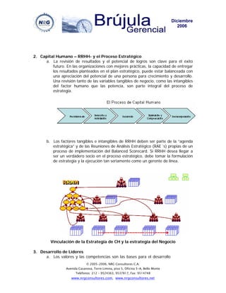Diciembre
                                                                                       2006




2. Capital Humano – RRHH- y el Proceso Estratégico
     a. La revisión de resultados y el potencial de logros son clave para él éxito
         futuro. En las organizaciones con mejores prácticas, la capacidad de entregar
         los resultados planteados en el plan estratégico, puede estar balanceada con
         una apreciación del potencial de una persona para crecimiento y desarrollo.
         Una revisión tanto de las variables tangibles de negocio, como las intangibles
         del factor humano que las potencia, son parte integral del proceso de
         estrategia.




       b. Los factores tangibles e intangibles de RRHH deben ser parte de la “agenda
          estratégica” y de las Reuniones de Análisis Estratégico (RAE´s) propias de un
          proceso de implementación del Balanced Scorecard. Si RRHH desea llegar a
          ser un verdadero socio en el proceso estratégico, debe tomar la formulación
          de estrategia y la ejecución tan seriamente como un gerente de línea.




         Vinculación de la Estrategia de CH y la estrategia del Negocio

3. Desarrollo de Líderes
     a. Los valores y las competencias son las bases para el desarrollo
                              © 2005-2006, NRG Consultores C.A.
                 Avenida Casanova, Torre Limina, piso 5, Oficina 5-A, Bello Monte
                       Teléfonos: 212 – 9524363, 9537817, Fax: 9514748
                    www.nrgconsultores.com, www.nrgconsultores.net
 