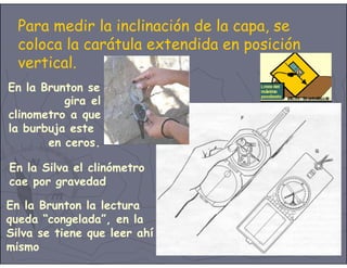 Para medir la inclinación de la capa, se
coloca la carátula extendida en posición
vertical.
En la Brunton se
gira el
clinometro a que
la burbuja este
en ceros.
En la Silva el clinómetro
cae por gravedad
En la Brunton la lectura
queda “congelada”, en la
Silva se tiene que leer ahí
mismo
 