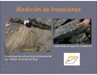 Medición de lineaciones
Lineaciones de estructuras sedimentarias
que indican dirección de flujo
Lineaciones de ejes de crenulación
 
