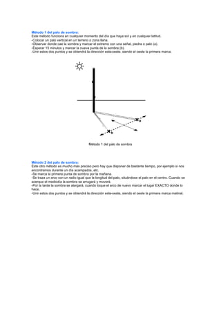 Método 1 del palo de sombra:
Este método funciona en cualquier momento del día que haya sol y en cualquier latitud.
-Colocar un palo vertical en un terreno o zona llana.
-Observar donde cae la sombra y marcar el extremo con una señal, piedra o palo (a).
-Esperar 15 minutos y marcar la nueva punta de la sombra (b).
-Unir estos dos puntos y se obtendrá la dirección este-oeste, siendo el oeste la primera marca.




                                       Método 1 del palo de sombra




Método 2 del palo de sombra:
Este otro método es mucho más preciso pero hay que disponer de bastante tiempo, por ejemplo si nos
encontramos durante un día acampados, etc.
-Se marca la primera punta de sombra por la mañana.
-Se traza un arco con un radio igual que la longitud del palo, situándose el palo en el centro. Cuando se
acerque el mediodía la sombra se arrugará y moverá.
-Por la tarde la sombra se alargará, cuando toque el arco de nuevo marcar el lugar EXACTO donde lo
hace.
-Unir estos dos puntos y se obtendrá la dirección este-oeste, siendo el oeste la primera marca matinal.
 